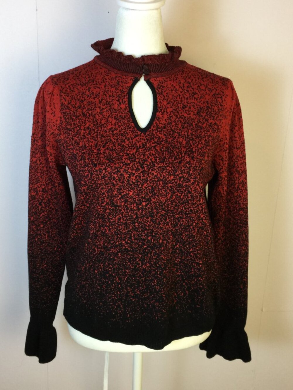 New! Adrienne Vittadini Sweater S Woman Red Black Metallic Ruffle Keyhole Neck